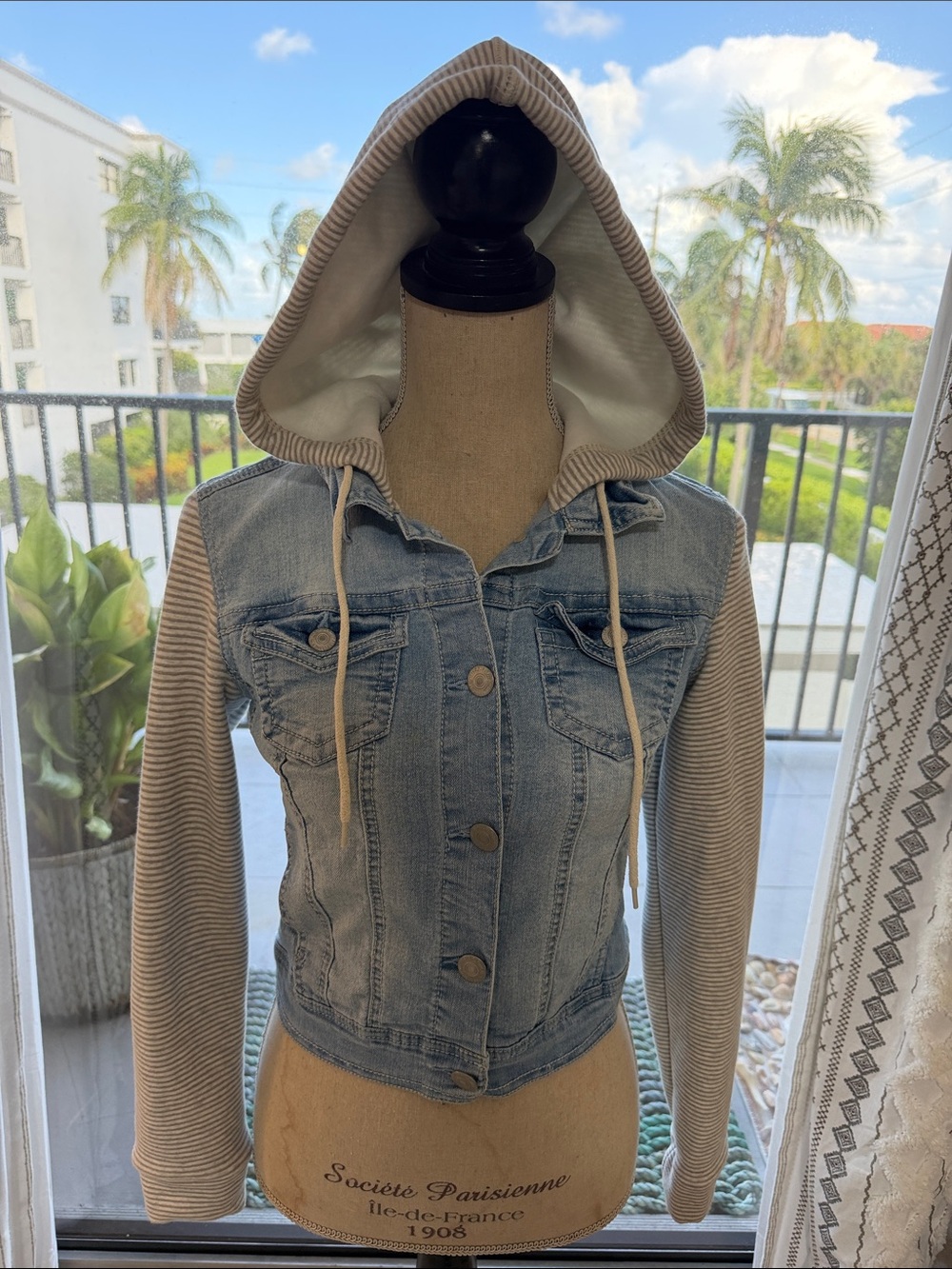 Wallflower Brand Light Denim Wash Hooded Jacket with Gray/White Striped Sleeves